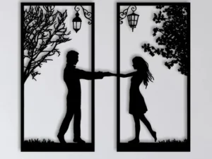Cadre Mural Diptyque Couple Romantique en Bois Artisanal