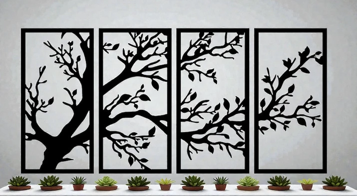 Cadre Mural Tétraptyque Arbre Branches en Bois Artisanal