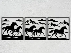 Cadre Mural Triptyque Chevaux Montagne en Bois Artisanal