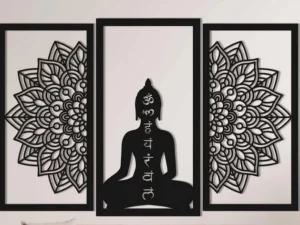 Cadre Mural Triptyque Bouddha Mandala en Bois Artisanal