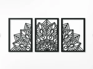 Cadre Mural Triptyque Mandala Lotus en Bois Artisanal
