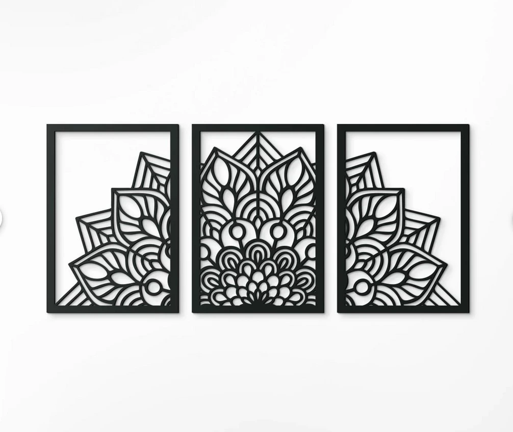 Cadre Mural Triptyque Mandala Lotus en Bois Artisanal