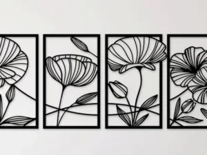 Cadre Mural Tétraptyque Fleurs Coquelicots en Bois Artisana