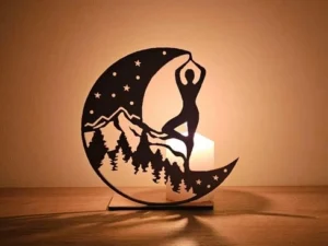 Porte-Bougie Lune Yoga Montagne en Bois Artisanal
