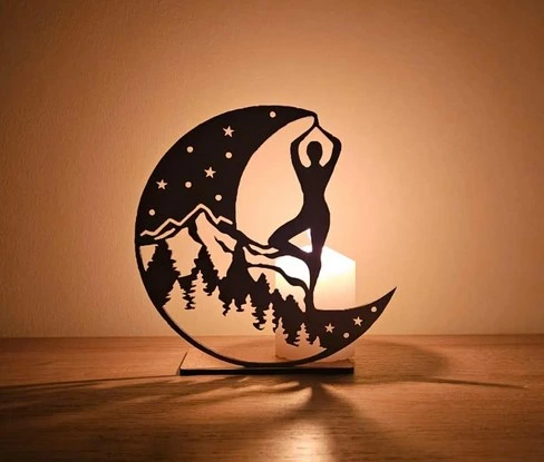 Porte-Bougie Lune Yoga Montagne en Bois Artisanal
