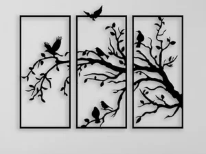 Cadre Mural Triptyque Oiseaux sur Branches en Bois Artisanal