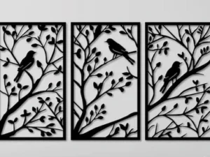 Cadre Triptyque Oiseaux sur Branches en Bois Artisanal