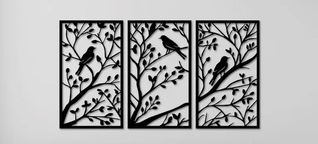 Cadre Triptyque Oiseaux sur Branches en Bois Artisanal