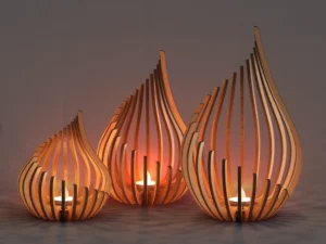 Lot de 3 Photophores Goutte Flamme en Bois Artisanal