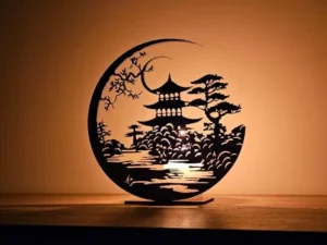 Porte-Bougie Paysage Japonais Pagode en Bois Artisanal