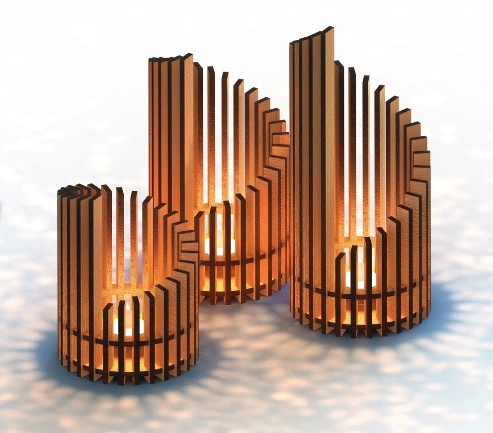 Lot de 3 Photophores Cylindriques Ondulés en Bois Artisanal